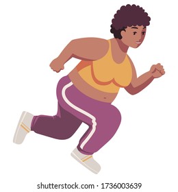 Mujer grande, negra y grande, con pelo natural en una linda ropa deportiva. Entrenamiento. Ejercicios. Una persona sonriente corre en una broma matutina. Maratón. Huella. Isolación plana mínima linda ilustración de dibujos animados