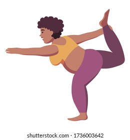 Fat strong black plus size woman with natural hair in cute sportswear. Workout. Exercises. Smiling person doing yoga. The dancer pose. Balance. Isolated flat minimal simple cute cartoon illustration