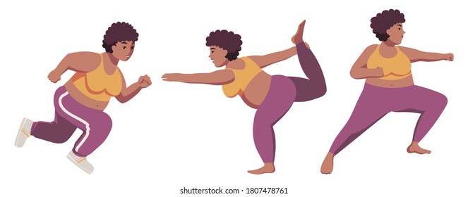 Una mujer de gran tamaño, negra y fuerte, con pelo natural en ropa deportiva corre en una broma, haciendo yoga, artes marciales. Entrenamiento. Ejercicios. Sonriendo. La pose del bailarín. Saldo. Cara seria.  Postura de combate. Aislado