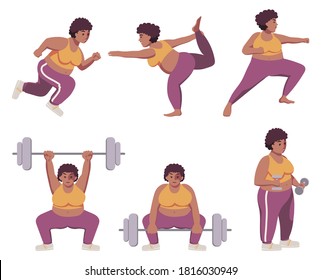 Fat strong black plus size woman with natural hair in cute sportswear. Workout. Exercises. Fitness. Yoga. Isolated flat minimal simple cute cartoon illustration