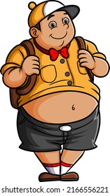 The fat student boy is ready for go to school of illustration