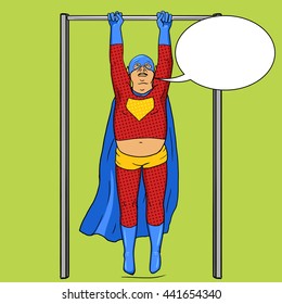 Fat superhero on horizontal bar. Cartoon pop art vector illustration. Human comic book vintage retro style.