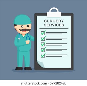 fat surgeon with surgery services clipboard