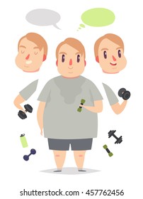 Fat sweating man lifts weights and exercises. Pack of body parts, emotions and equipment. Vector character illustration in cartoon style.