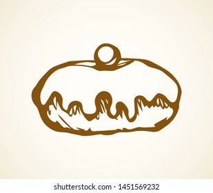 Fat sweet sugar choco glaze pie design on white card space for text. Line brown ink hand drawn hebrew festive holiday meal sign design. Greet Israel party icon sketch in art retro doodle cartoon style