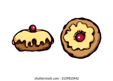 Fat sweet sugar choco glaze pie design on white card space for text. Bright yellow color hand drawn hebrew festive holiday meal sign. Greet Israel party logo sketch in art retro doodle cartoon vector 
