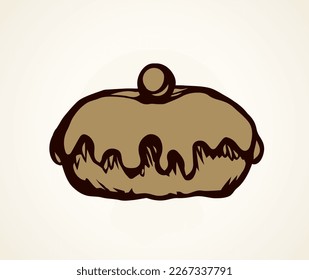 Fat sweet sugar choco glaze pie design on white card space for text. Line brown ink hand drawn hebrew festive holiday meal sign. Greet Israel party icon sketch in art retro doodle cartoon vector style