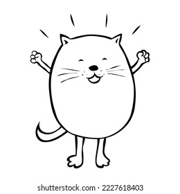 Fat tabby cat. Cheerful and joyful character. Fed up pet. Cartoon vector illustration. Hand drawn black and white sketch