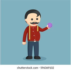 fat tailor holding yarn