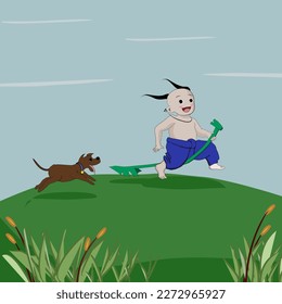 Fat Thai boy with ancient hair style, no shirt, wearing ancient cloth running  with banana stem horse ancient toys running on the green grass hill happy fun There was a brown dog running after him.