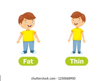 FAT and THIN antonyms flashcard vector template. Opposites concept. Word card for english language learning with flat characters. 