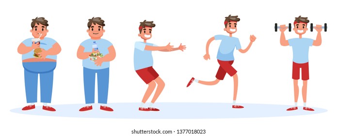 From fat to thin banner concept. Overweight man become thin and fit. Idea of diet and fitness. Isolated vector cartoon illustration