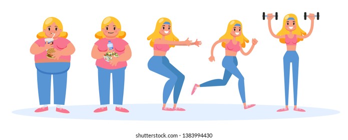 From fat to thin banner concept. Overweight woman become thin and fit. Idea of diet and fitness. Isolated vector cartoon illustration