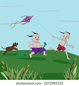 
Fat and thin children, Thai children run and play, play with horses and kites, traditional toys running on green grassy slopes. happy laugh A brown dog ran after him.
