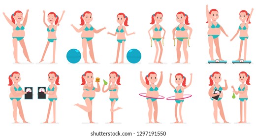 Fat and thin girl with hule hoop, fitness ball, measuring tape, on weight scales. Vector cartoon woman character set isolated on a white background. Healthy lifestyles and sport concept illustration.