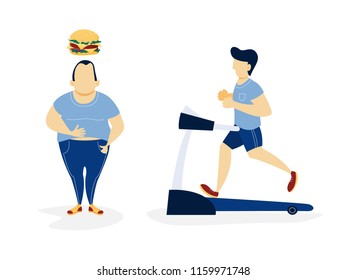 Fat and thin man. Over weight man thinking about unhealthy food and slim man running on a treadmill. From thick to skinny. Isolated flat vector illustration