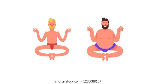 A fat and thin man is sitting in a meditative pose. Two men sit in the lotus position. Two men do yoga. Vector illustration in cartoon style.