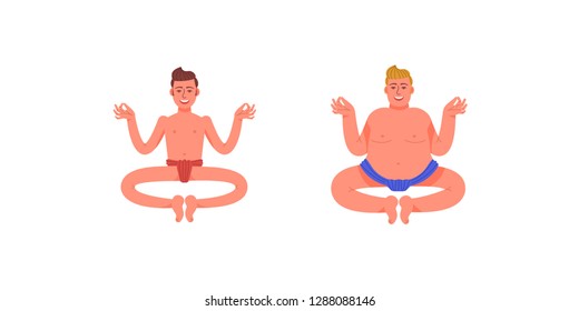 A fat and thin man is sitting in a meditative pose. Two men sit in the lotus position. Two men do yoga. Vector illustration in cartoon style.