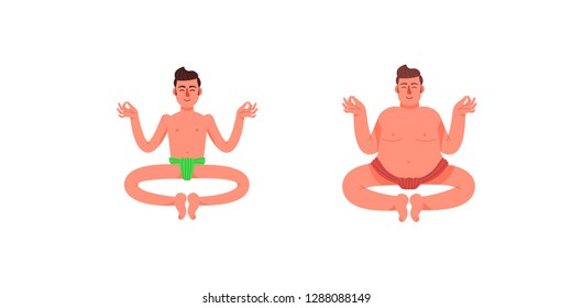 A fat and thin man is sitting in a meditative pose. Two men sit in the lotus position. Two men do yoga. Vector illustration in cartoon style.