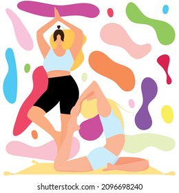 fat and thin woman are doing yoga. The concept of a healthy body on a multicolored background. Flat vector illustration