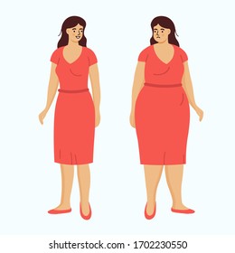 Fat   thin woman in red dress Vector illustration in flat style 