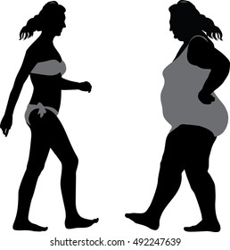 Fat and thin woman, silhouettes of cartoon character of fat woman and lean girl, fat woman dieting fitness. Fat woman standing stands next to her thinner clone cartoon vector flat illustration.