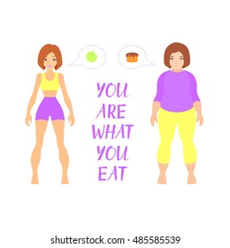 Fat and thin woman, vector flat illustration. Weight loss concept. Diet. Choice of girls: being fat or slim.  