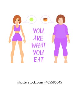Fat and thin woman, vector flat illustration. Weight loss concept. Diet. Choice of girls: being fat or slim.  