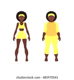 Fat and thin woman, vector flat illustration. Weight loss concept. Diet. Choice of girls: being fat or slim.  