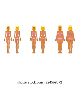 Fat and thin woman, vector illustration, normal, anorexia body art