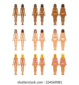 Fat and thin woman, vector illustration, normal, anorexia body art