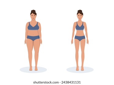 Fat and thin woman weight loss concept. Diet and fitness. Before and after body shape girl measuring her slim waist.