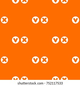 Fat tick and cross in circles pattern repeat seamless in orange color for any design. Vector geometric illustration