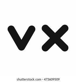 Fat tick and cross icon in simple style isolated on white background. Click and choice symbol