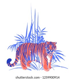 Fat tiger standing among the exotic plants. Vector illustration isolated on white background