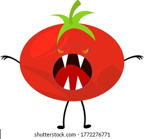 fat tomato Monster with evil eyes and sharp fangs scary cartoon character in a frightening pose object on a white background concepts of halloween and mysticism