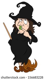 fat ugly witch standing with broom stick - Halloween vector illustration