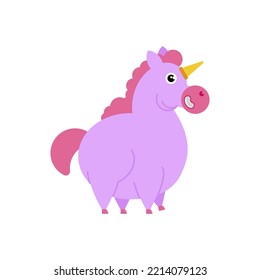 Fat Unicorn Cartoon. fleshy mythical animal isolated. Vector illustration