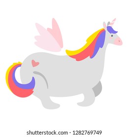 Fat unicorn. Cute fairytale animal with wings lying on the ground. Vector illustration, isolated on white background. Design for poster, sticker or t-shirt.