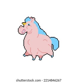 Fat Unicorn Pixel art. 8 bit fleshy mythical anima. pixelated Vector illustration