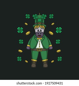 A fat unicorn wearing a green St. Patrick costume and there are clover and coins around it vector 