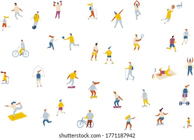 Fat Vector background people. Outdoor activity, healthy lifestyle- bicycle, yoga, skate, rollers, fitness, jogging, scooter, tennis, badminton, unicycle. 