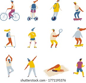 Fat Vector background people. Outdoor activity, healthy lifestyle- bicycle, yoga, skate, rollers, fitness, jogging, scooter, tennis, badminton, unicycle. 