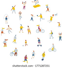 Fat Vector background people. Outdoor activity, healthy lifestyle- bicycle, yoga, skate, rollers, fitness, jogging, scooter, tennis, badminton, unicycle. 