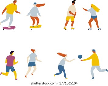Fat Vector background people. Outdoor activity, healthy lifestyle- bicycle, yoga, skate, rollers, fitness, jogging, scooter, tennis, badminton, unicycle. 
