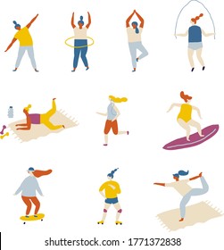 Fat Vector background people. Outdoor activity, healthy lifestyle- bicycle, yoga, skate, rollers, fitness, jogging, scooter, tennis, badminton, unicycle. 