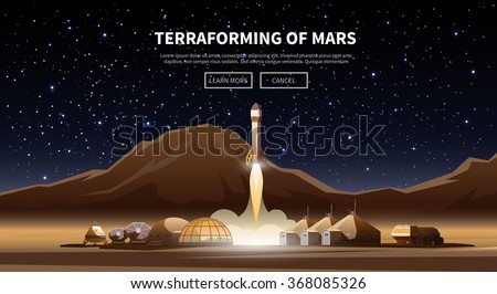 Fat vector web banner on the theme of astronomy, space exploration, colonization of Mars. Space adventure. The first colonies. Terraforming. Modern flat design.