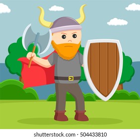 fat viking soldier wield shield and axe