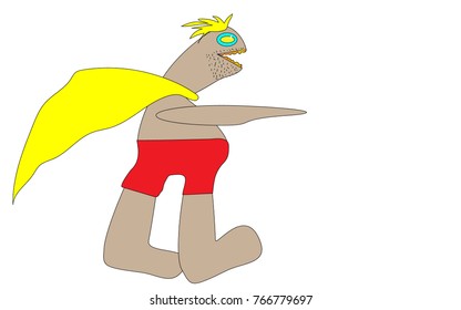 A fat, vile, gray unshaven monster superhero with bristles and yellow hair in red shorts. Vector illustration.
