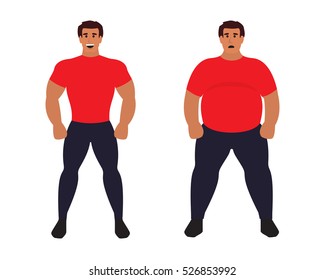 Fat vs slim man. Healthy sport athletic body and fat unhealthy. Flat vector illustration.